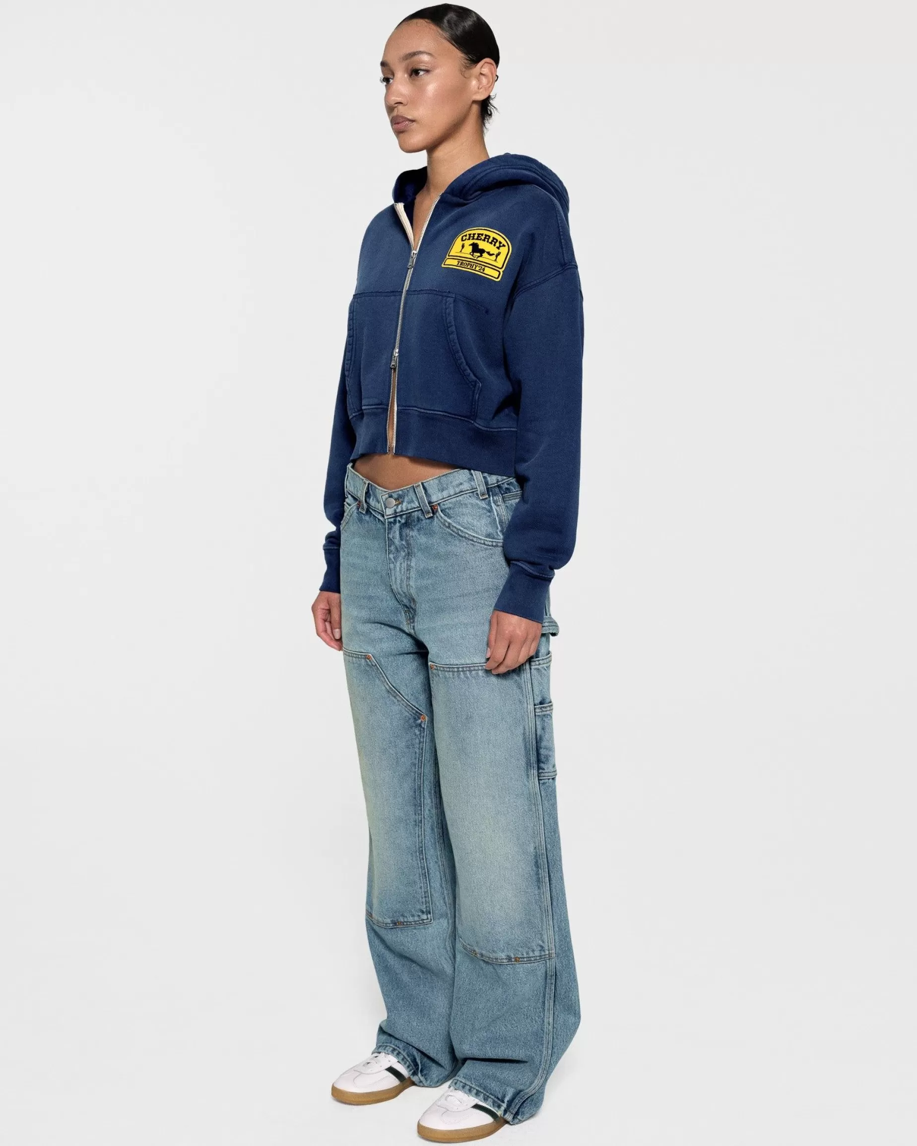 Sudadera Con Capucha Recortada Y Cremallera Para Mujer (Azul Marino)^Cherry Sale