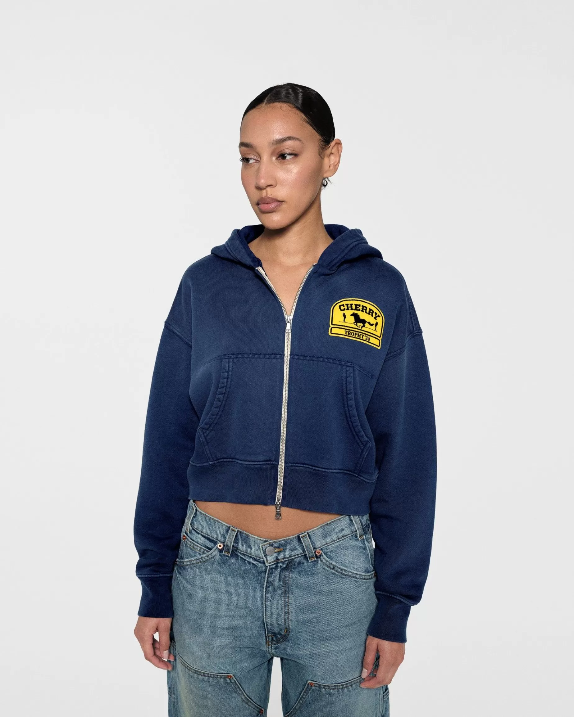 Sudadera Con Capucha Recortada Y Cremallera Para Mujer (Azul Marino)^Cherry Sale