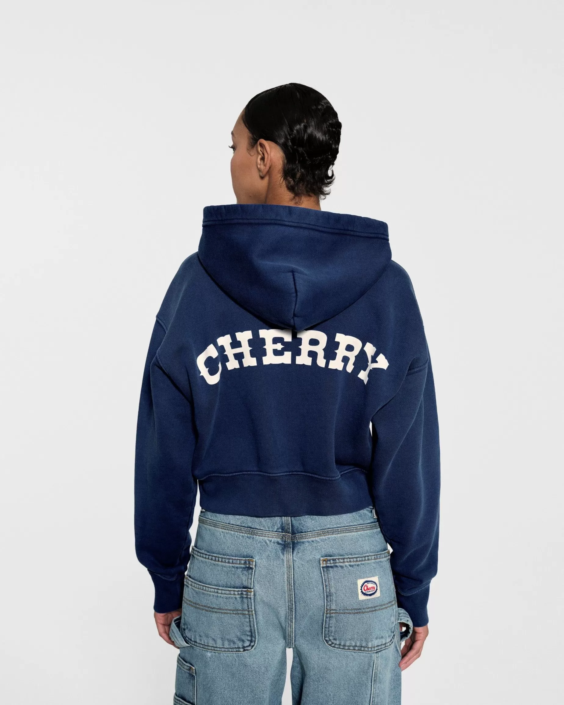 Sudadera Con Capucha Recortada Y Cremallera Para Mujer (Azul Marino)^Cherry Sale